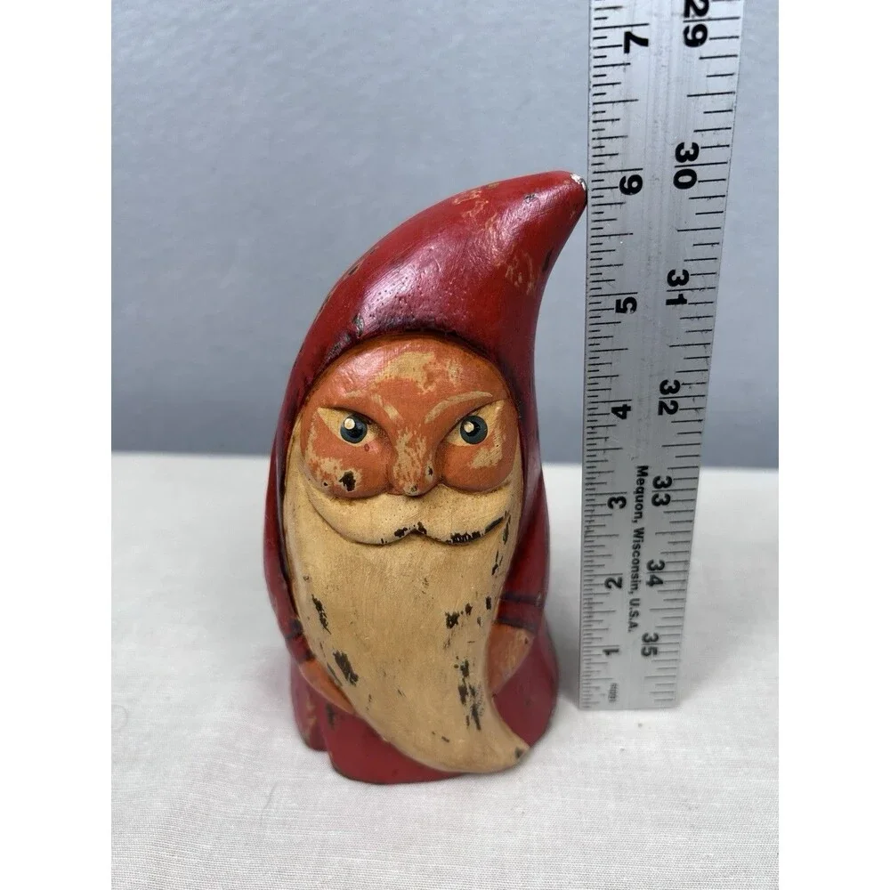 Primitive FolkArt Wooden Carved Santa Claus Gnome Shape Hand Painted. 6 X 3 in.